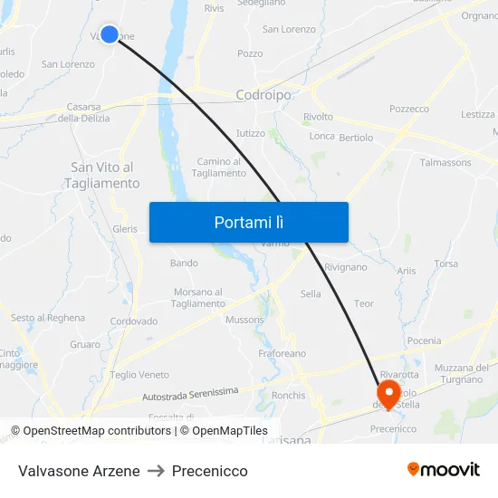 Valvasone Arzene to Precenicco map