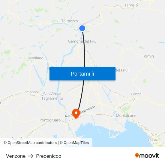 Venzone to Precenicco map