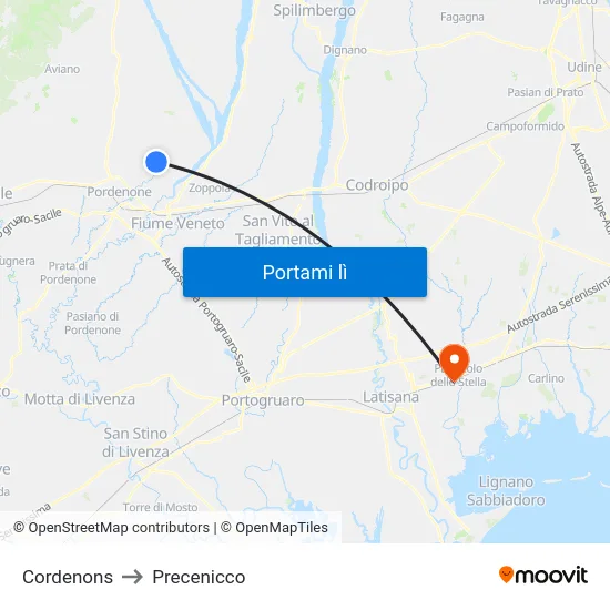 Cordenons to Precenicco map