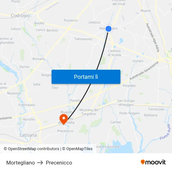 Mortegliano to Precenicco map