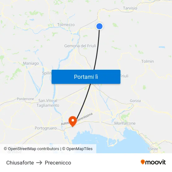 Chiusaforte to Precenicco map