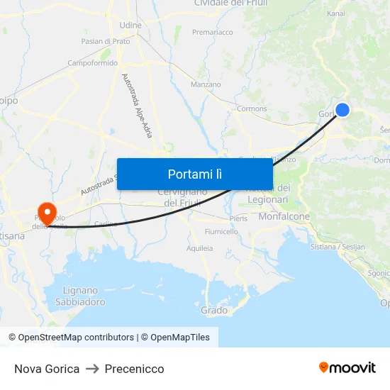 Nova Gorica to Precenicco map