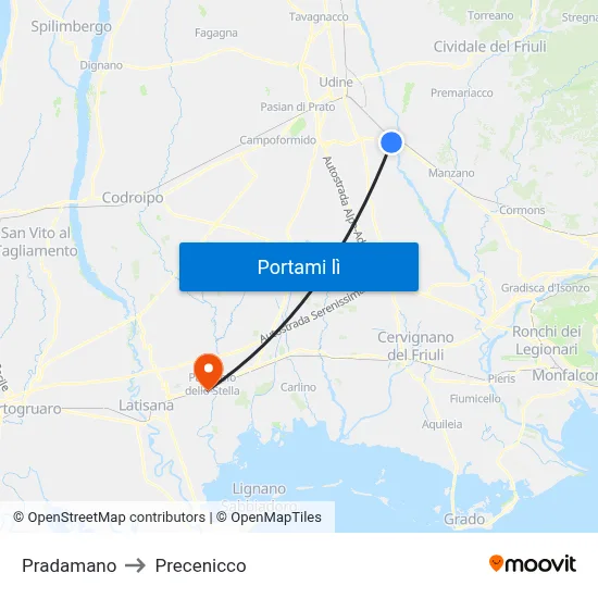 Pradamano to Precenicco map