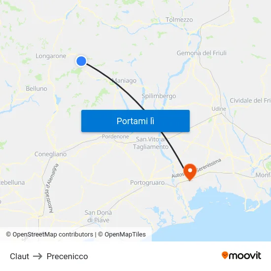 Claut to Precenicco map