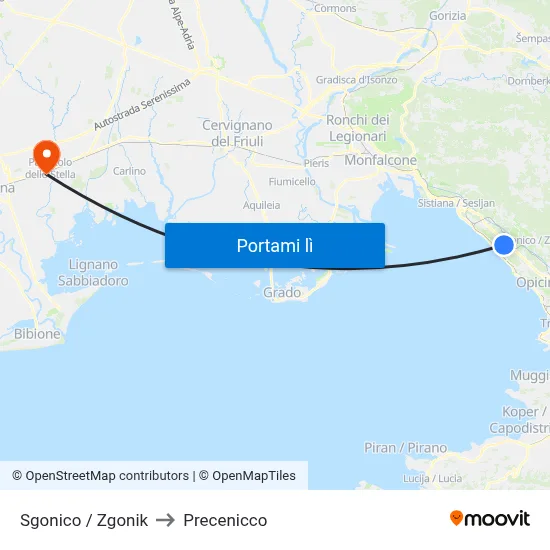 Sgonico / Zgonik to Precenicco map