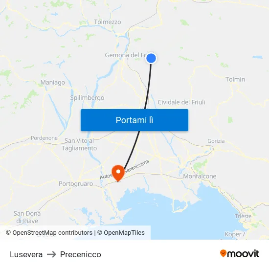Lusevera to Precenicco map