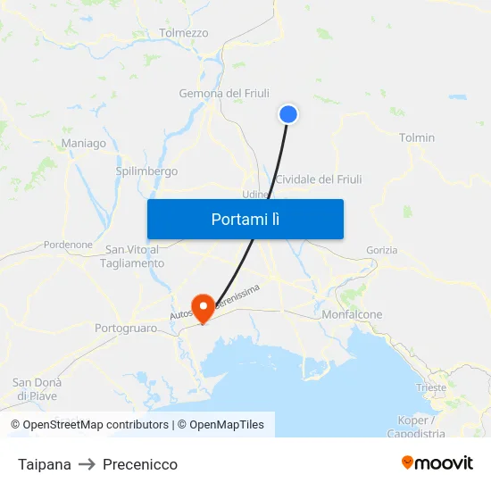 Taipana to Precenicco map