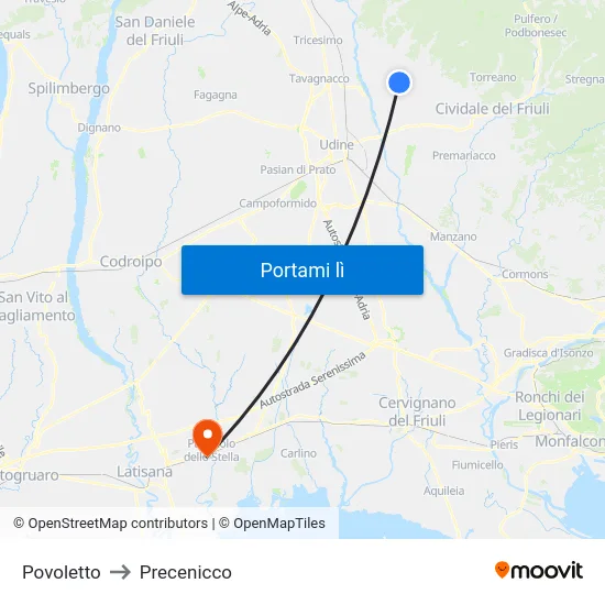 Povoletto to Precenicco map