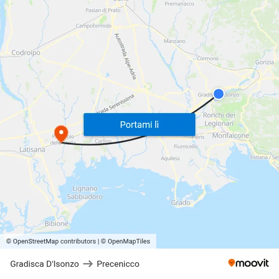 Gradisca D'Isonzo to Precenicco map