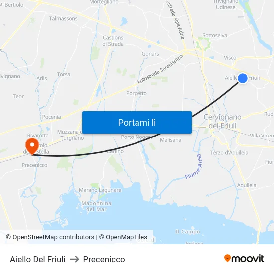 Aiello Del Friuli to Precenicco map