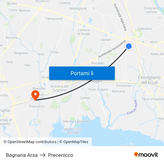 Bagnaria Arsa to Precenicco map