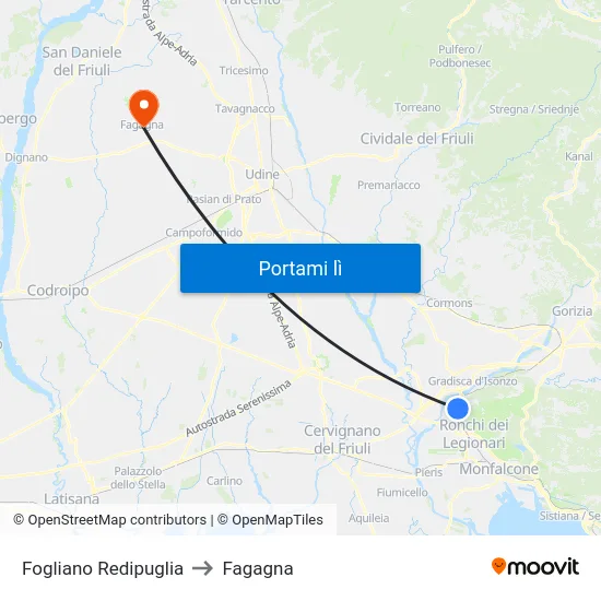 Fogliano Redipuglia to Fagagna map
