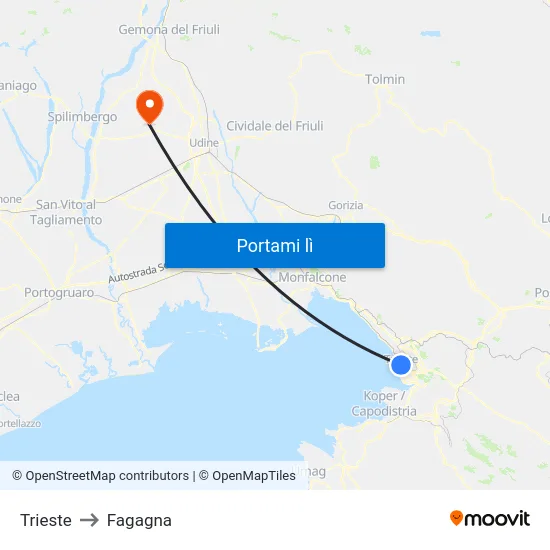 Trieste to Fagagna map