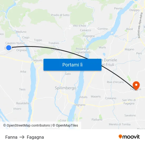 Fanna to Fagagna map