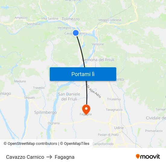 Cavazzo Carnico to Fagagna map