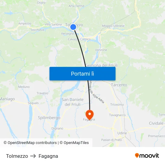 Tolmezzo to Fagagna map