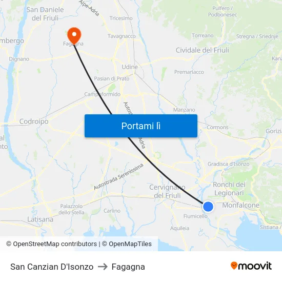 San Canzian D'Isonzo to Fagagna map