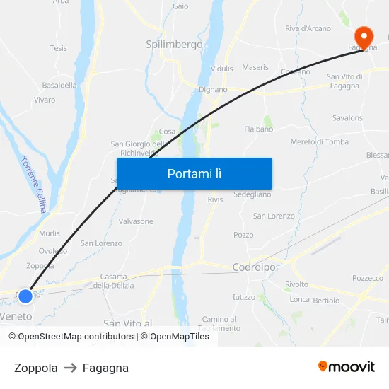 Zoppola to Fagagna map