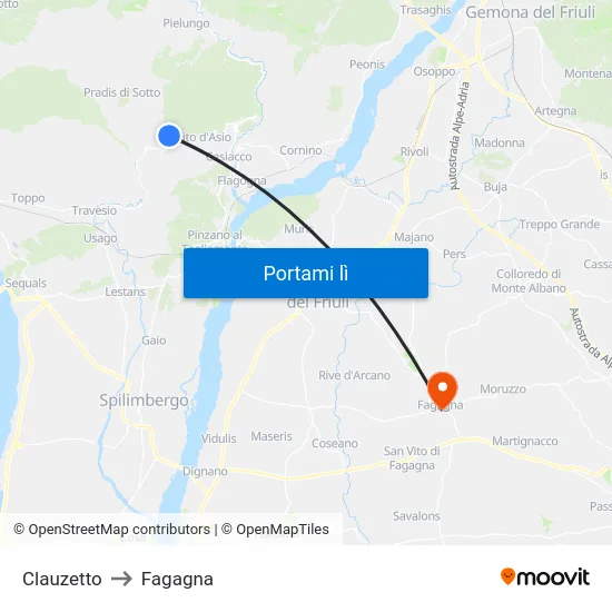 Clauzetto to Fagagna map