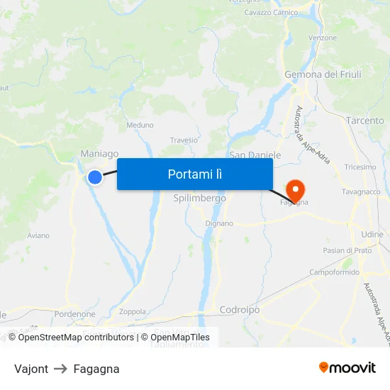 Vajont to Fagagna map