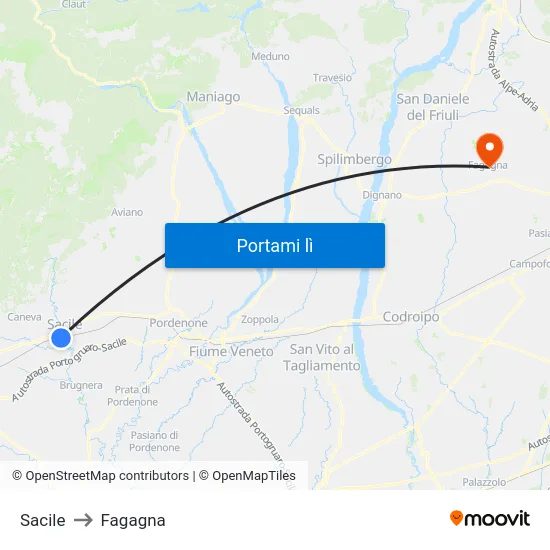 Sacile to Fagagna map
