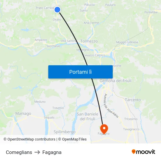 Comeglians to Fagagna map