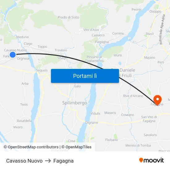 Cavasso Nuovo to Fagagna map
