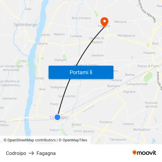 Codroipo to Fagagna map