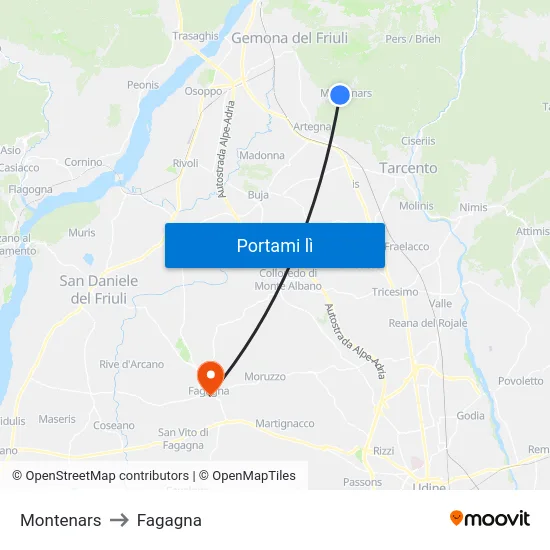 Montenars to Fagagna map
