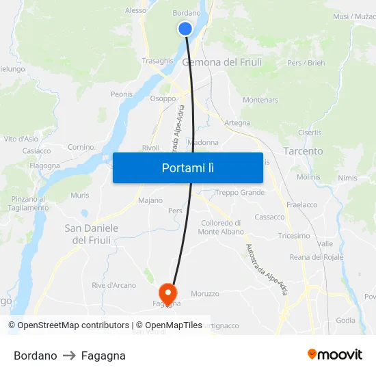 Bordano to Fagagna map