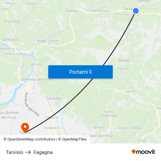 Tarvisio to Fagagna map