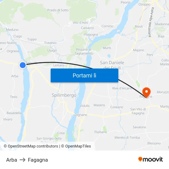 Arba to Fagagna map