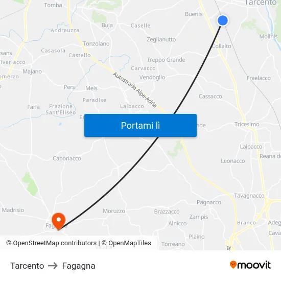 Tarcento to Fagagna map