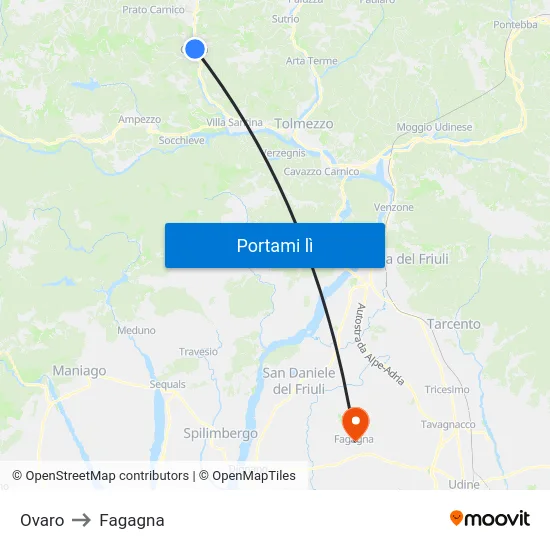 Ovaro to Fagagna map