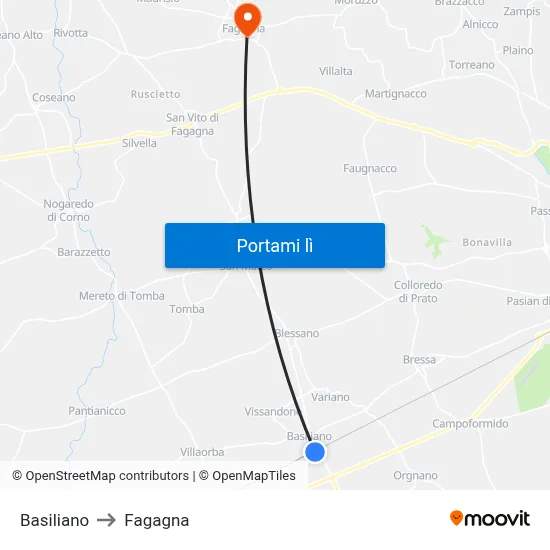 Basiliano to Fagagna map