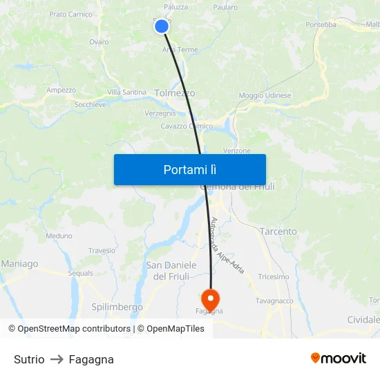 Sutrio to Fagagna map