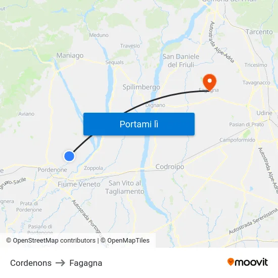 Cordenons to Fagagna map