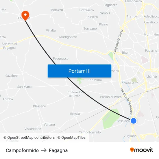 Campoformido to Fagagna map