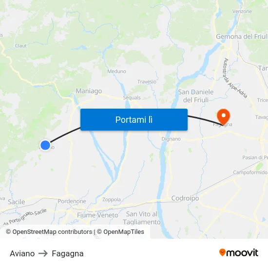 Aviano to Fagagna map