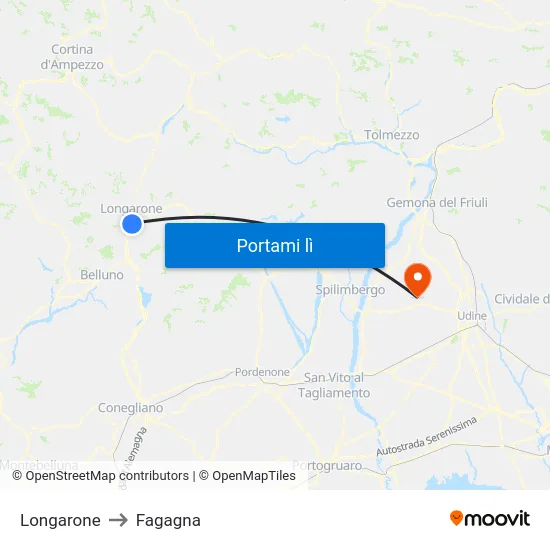 Longarone to Fagagna map