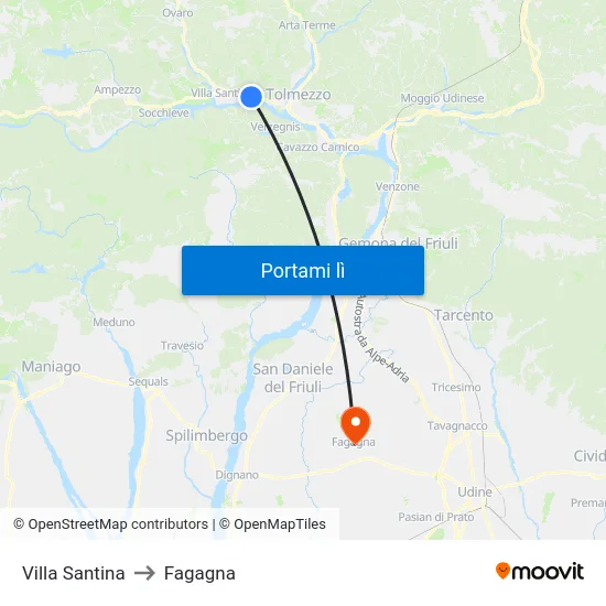 Villa Santina to Fagagna map