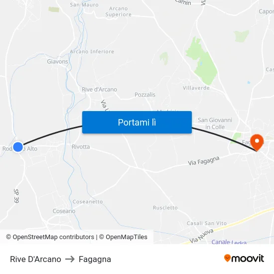 Rive D'Arcano to Fagagna map