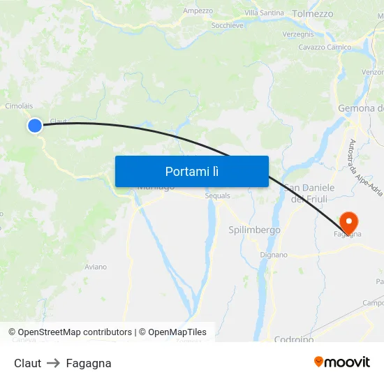 Claut to Fagagna map