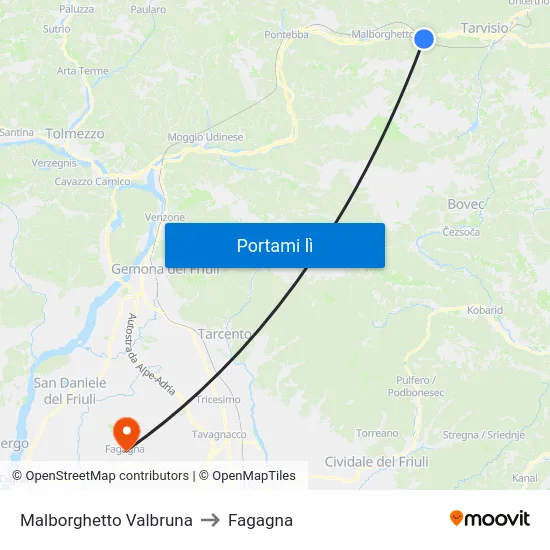 Malborghetto Valbruna to Fagagna map