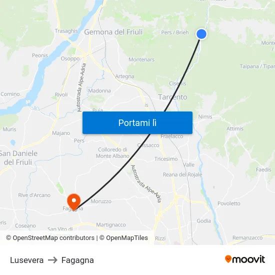 Lusevera to Fagagna map