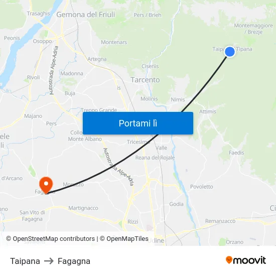 Taipana to Fagagna map