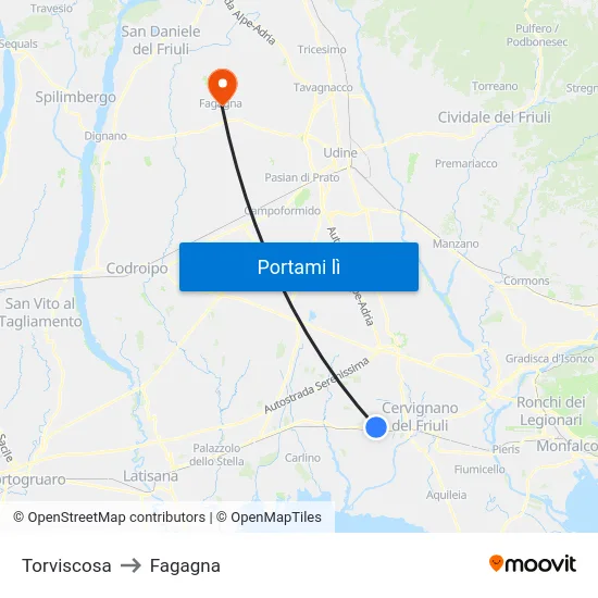 Torviscosa to Fagagna map