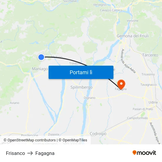 Frisanco to Fagagna map