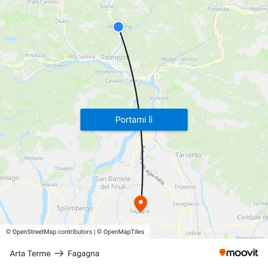 Arta Terme to Fagagna map