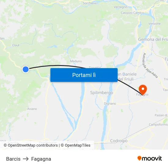 Barcis to Fagagna map